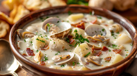 A bowl of creamy New England clam chowder soup with tender clams, potatoes, and crispy bacon bits.の素材