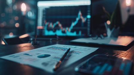 A close-up of stock market graphs and charts on a desk, surrounded by financial documents.の素材