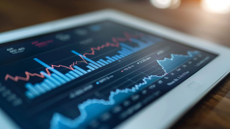 A close-up of a tablet screen showing a detailed financial graph with upward trends.の素材