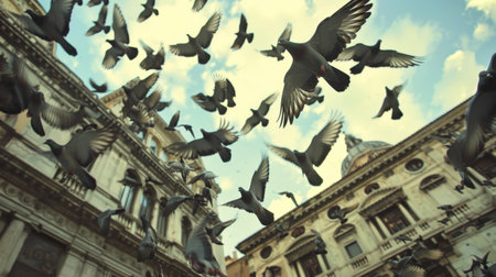 A flock of pigeons taking flight from a city square, creating dynamic patterns in the sky.の素材