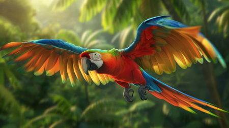 A colorful parrot in mid-flight, with vivid feathers contrasting against a tropical backdrop.の素材
