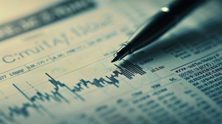 A close-up of a stock market graph printed on a financial report with a pen highlighting key points.の素材