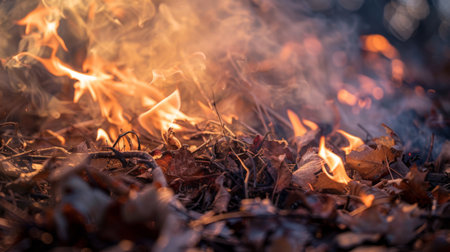 A close-up of flames engulfing dry leaves and twigs, creating intense smoke in a controlled burn.の素材