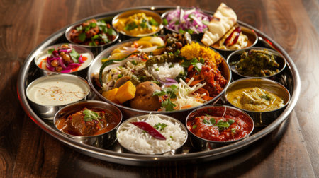A colorful Indian thali with a variety of curries, rice, bread, and chutneys served on a metal platter.の素材