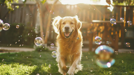 A dog chasing bubbles blown by its owner in a sunny backyard, with joy on its face.の素材