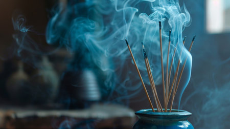 A close-up of smoke rising from incense sticks, creating a tranquil and aromatic ambiance.の素材