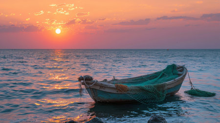 A fisherman's boat anchored near the shore, with fishing nets drying in the last rays of the setting sun.の素材