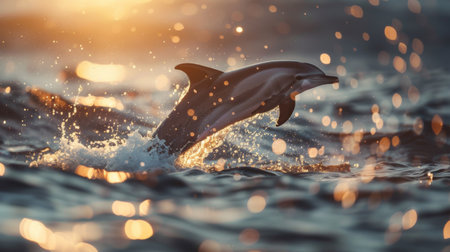 A dolphin breaching out of the water in a spectacular jump, with droplets sparkling in the sunlight.の素材