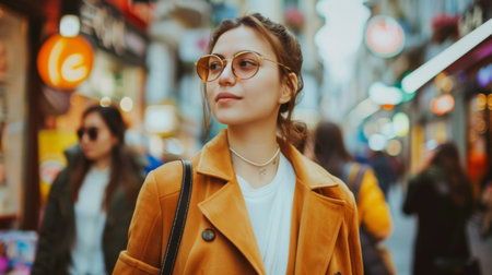 A fashionable woman in a trendy outfit, confidently walking through a bustling shopping district.の素材