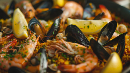 A close-up of a seafood paella with shrimp, mussels, clams, and squid, garnished with lemon wedges.の素材