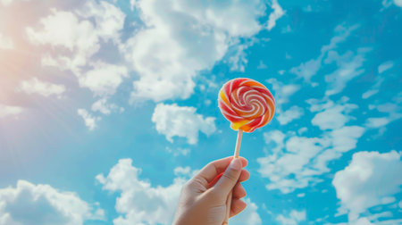 A person with a lollipop in hand, enjoying it against a backdrop of blue sky and clouds.の素材