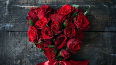 A heart-shaped red rose bouquet, wrapped in satin ribbon, a classic gesture of love and romance.の素材