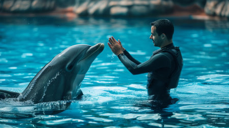 A dolphin trainer interacting with a bottlenose dolphin during a training session at an aquatic park.の素材