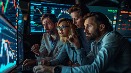 A group of colleagues brainstorming while looking at stock market graphs and charts.の素材