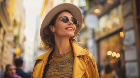 A fashionable woman in a trendy outfit, confidently walking through a bustling shopping district.の素材