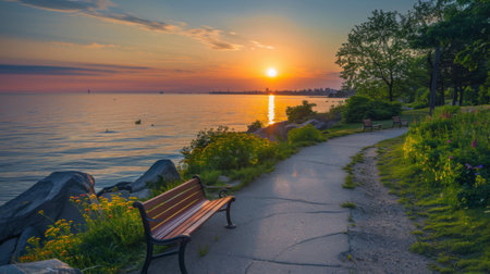 A peaceful seaside path with benches overlooking the sunset, inviting walkers to pause and enjoy the view.の素材