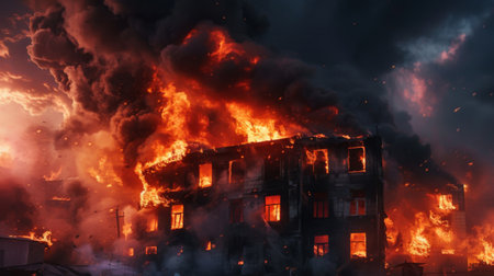 A dramatic scene of smoke and flames erupting from a burning building during a fire emergency.の素材