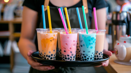 A person holding a tray of freshly made bubble milk tea drinks with colorful straws.の素材