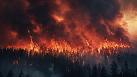 A forest fire spreading rapidly, with dark smoke clouds covering the sky.の素材
