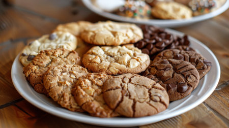 A plate of assorted homemade cookies including oatmeal raisin, peanut butter, and sugar cookies.の素材