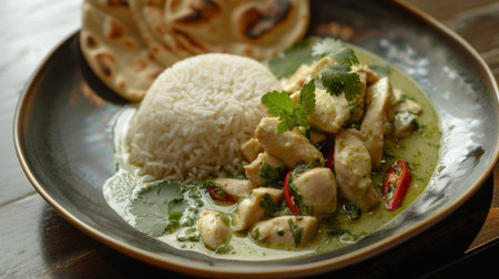 A plate of fresh and aromatic Thai green curry with chicken, served with jasmine rice and crispy roti.の素材