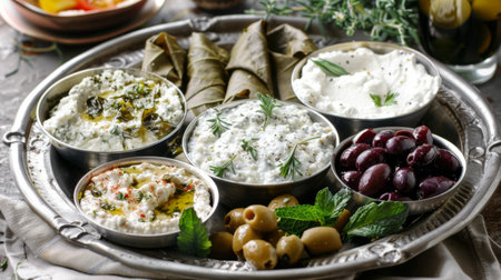 A platter of Greek mezze appetizers, including tzatziki, hummus, olives, and stuffed grape leaves.の素材