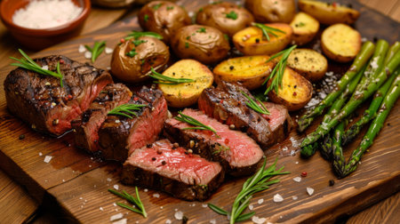 A gourmet platter with sliced filet mignon steak served with roasted potatoes and asparagus.の素材