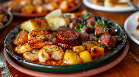 A plate of Spanish tapas with assorted dishes like patatas bravas, gambas al ajillo, and chorizo.の素材