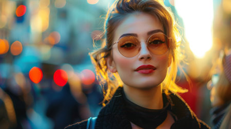 A radiant woman with flawless makeup and a chic outfit walking down a busy city street.の素材