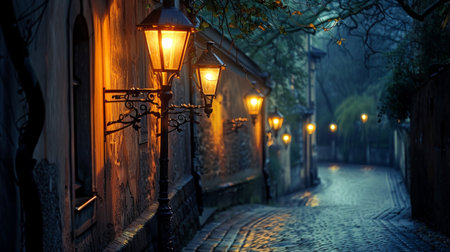 A row of street lamps casting light on a cobblestone alley in an old European city at night.の素材