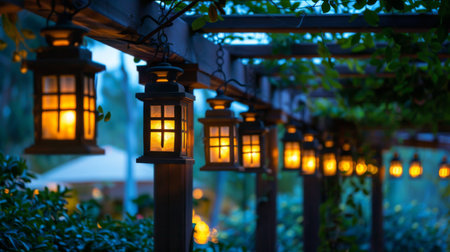 A row of decorative lanterns hanging from a pergola, creating a magical ambiance for an outdoor party.の素材