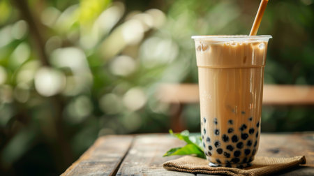 A refreshing bubble milk tea drink placed on a wooden table, with a bamboo straw.の素材