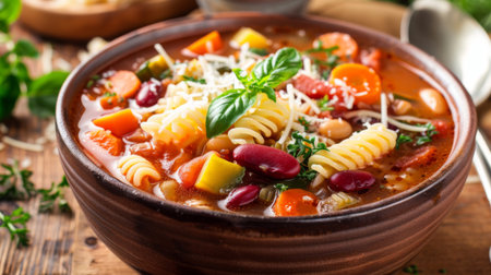 A rustic bowl of hearty Italian minestrone soup with vegetables, beans, pasta, and a sprinkle of parmesan.の素材