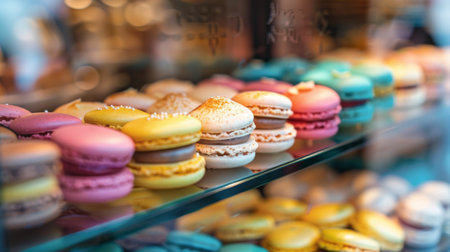 A selection of macarons displayed in a bakery window, inviting customers with their vibrant colors.の素材