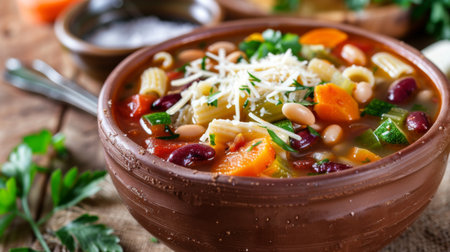 A rustic bowl of hearty Italian minestrone soup with vegetables, beans, pasta, and a sprinkle of parmesan.の素材