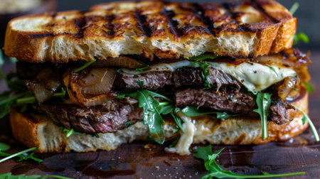 A rustic steak sandwich with grilled bread, caramelized onions, melted cheese, and arugula.の素材