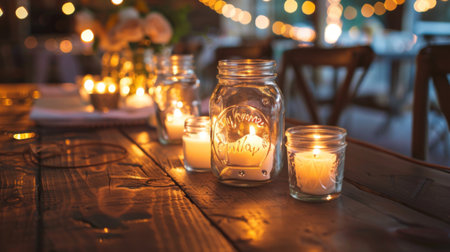 A rustic setting with candles placed inside mason jars, creating a vintage look.の素材