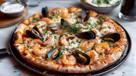 A seafood pizza with shrimp, squid, mussels, and clams, topped with mozzarella cheese and fresh herbs.の素材