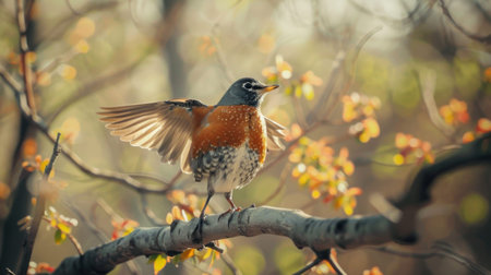 A robin perched on a branch, wings slightly spread as it prepares for flight.の素材