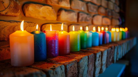 A row of colorful candles on a mantelpiece, each emitting a soft glow.の素材
