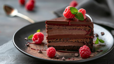 A slice of decadent chocolate cake with layers of ganache and raspberries, garnished with mint leaves.の素材