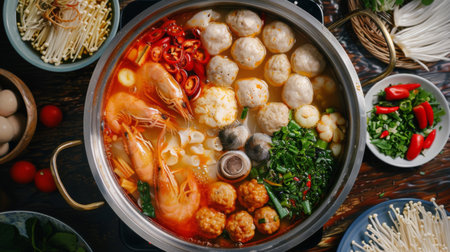 A seafood hot pot with a variety of fish balls, shrimp, squid, and vegetables simmering in a flavorful broth.の素材