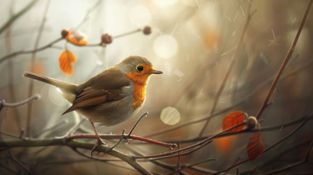 A robin perched on a branch, wings slightly spread as it prepares for flight.の素材