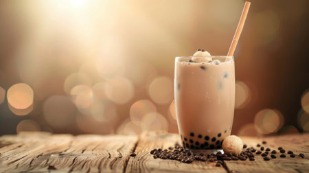 A refreshing bubble milk tea drink placed on a wooden table, with a bamboo straw.の素材