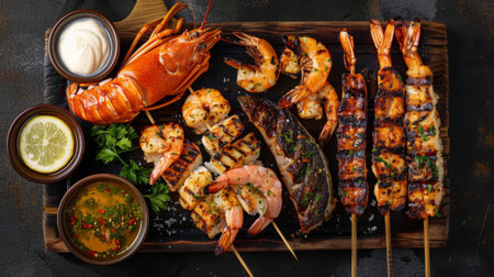 A seafood barbecue with grilled lobster, shrimp skewers, and fish fillets, served with dipping sauces.の素材