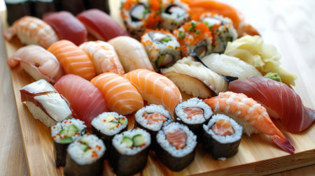 A seafood sushi platter with assorted rolls, nigiri, and sashimi, beautifully arranged on a wooden board.の素材