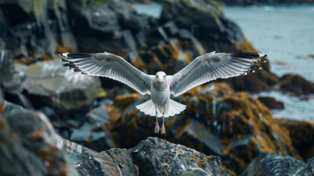 A seagull with outstretched wings preparing to land gracefully on a rocky shore.の素材
