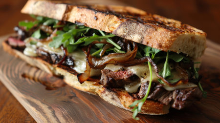 A rustic steak sandwich with grilled bread, caramelized onions, melted cheese, and arugula.の素材