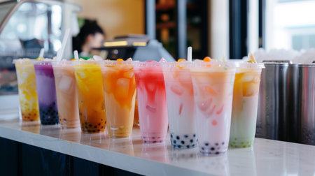 A set of different flavored bubble milk teas lined up on a counter for customers to choose from.の素材
