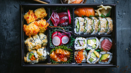 A traditional Japanese bento box filled with sushi, tempura, sashimi, and pickled vegetables, neatly arranged.の素材